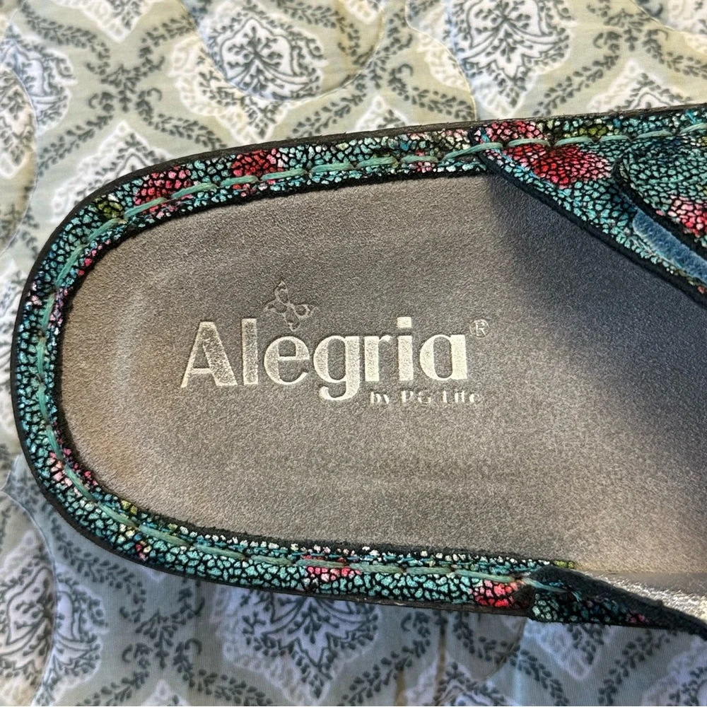 Alegria Carina‎ Aqua Floral Leather Wedge Sandals Women’s Size 39 EU 8.5 US